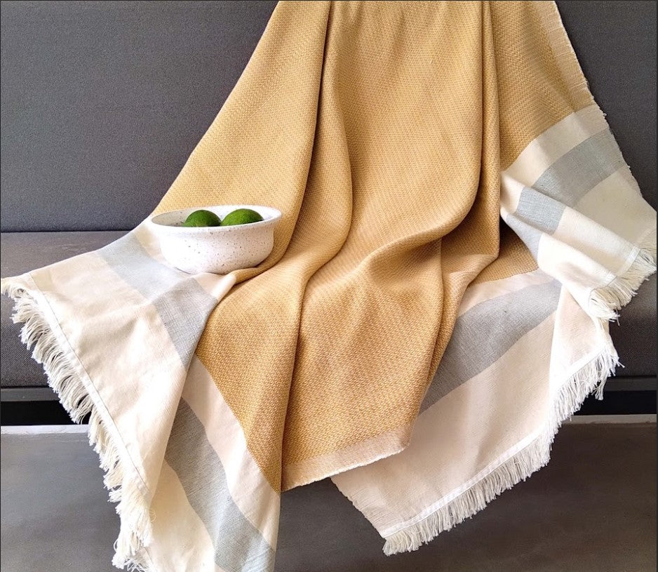 Handwoven Light Weight Throw – Raw with Burnt Amber and Royal Blue
