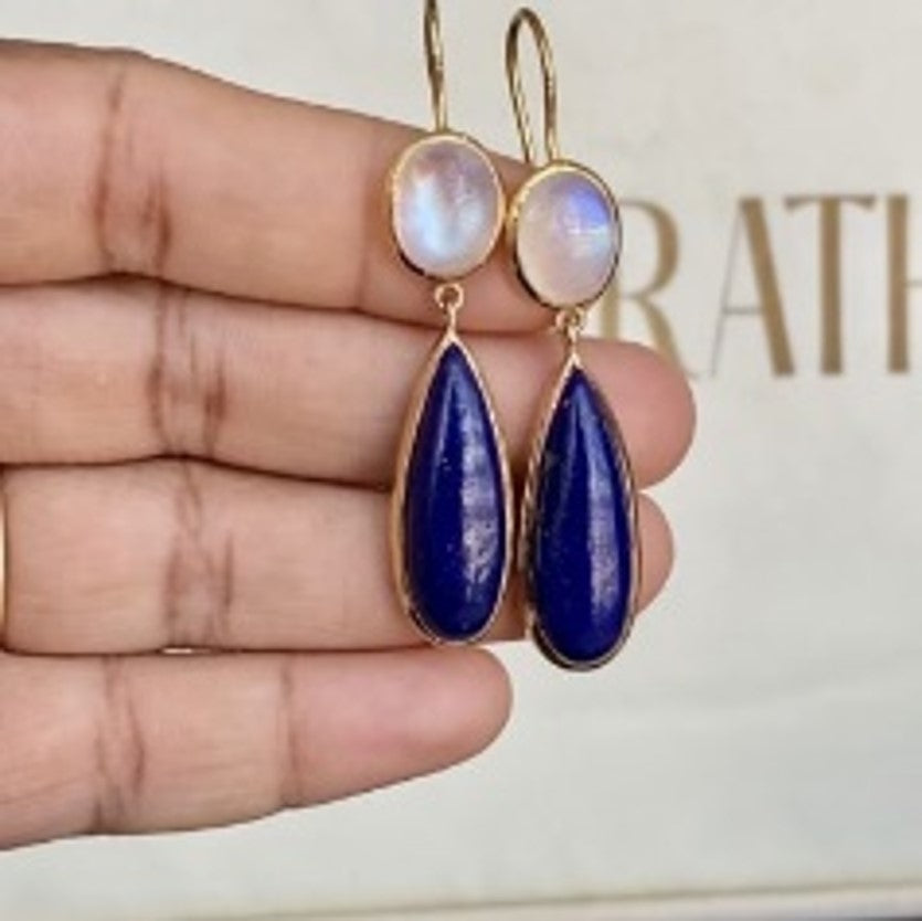 Earrings-Lapis & Rainbow Moonstone/Gold plated Sterling Silver