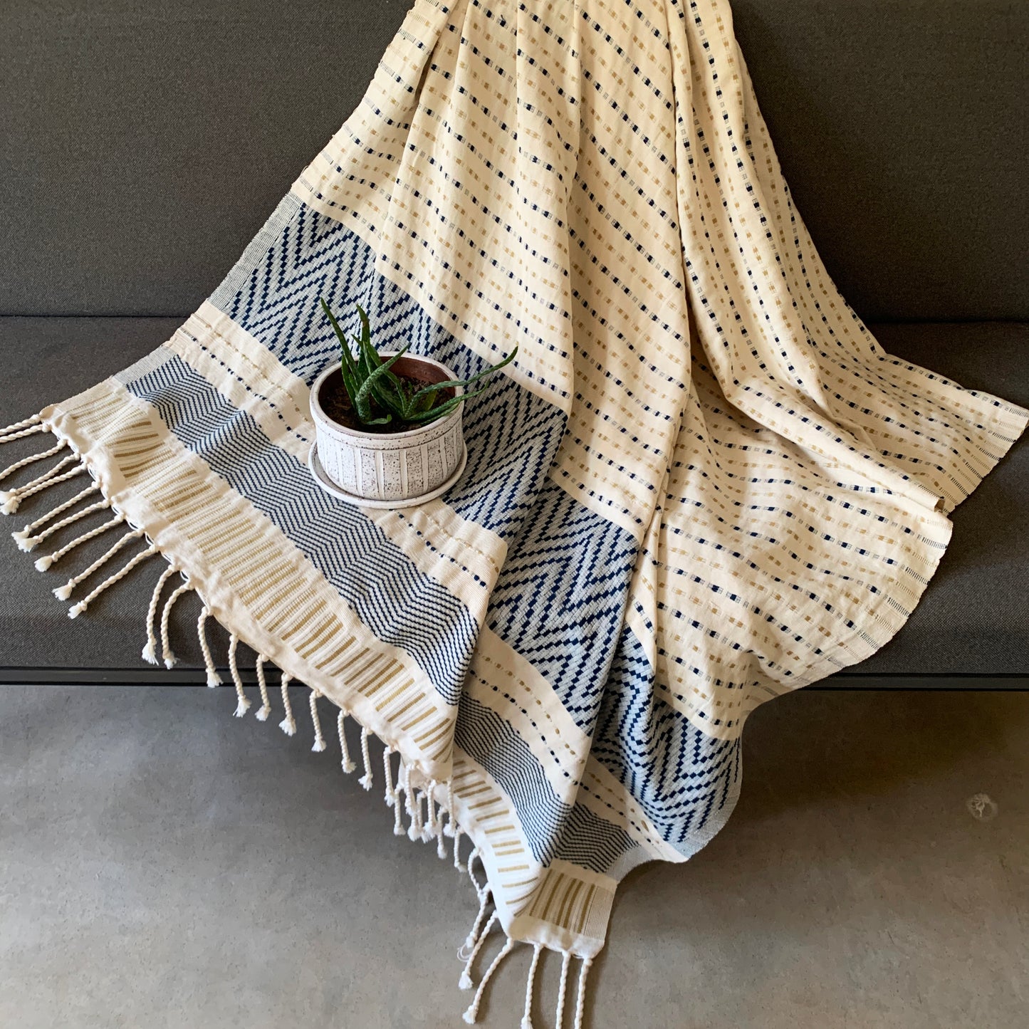 Handwoven Hunnasgiri Nil Beige Throw - Beige and Navy Blue