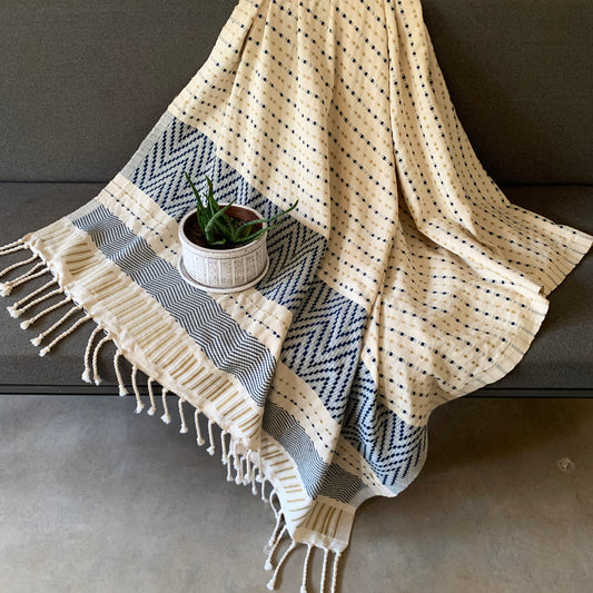 Handwoven Hunnasgiri Nil  Beige Throw - Beige and Navy Blue