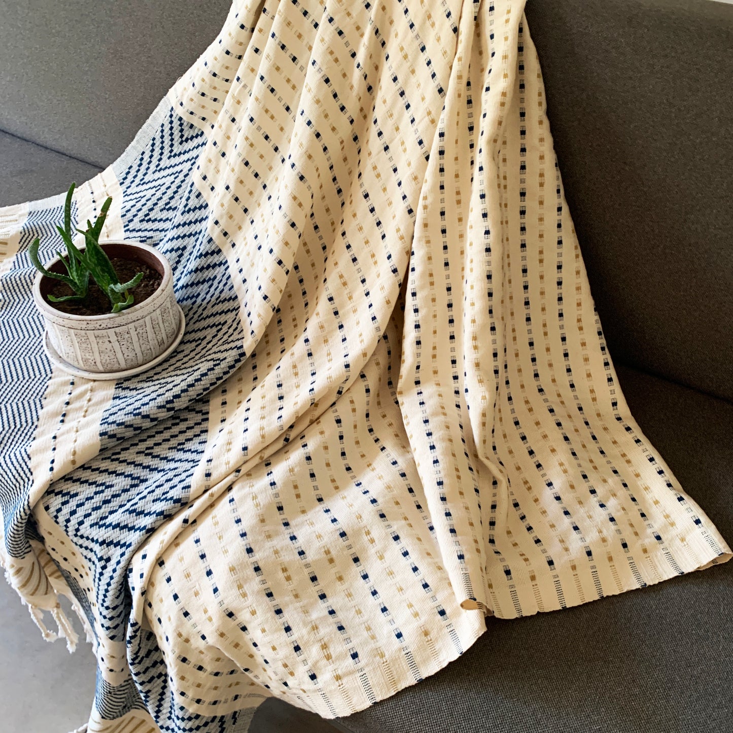 Handwoven Hunnasgiri Nil Beige Throw - Beige and Navy Blue