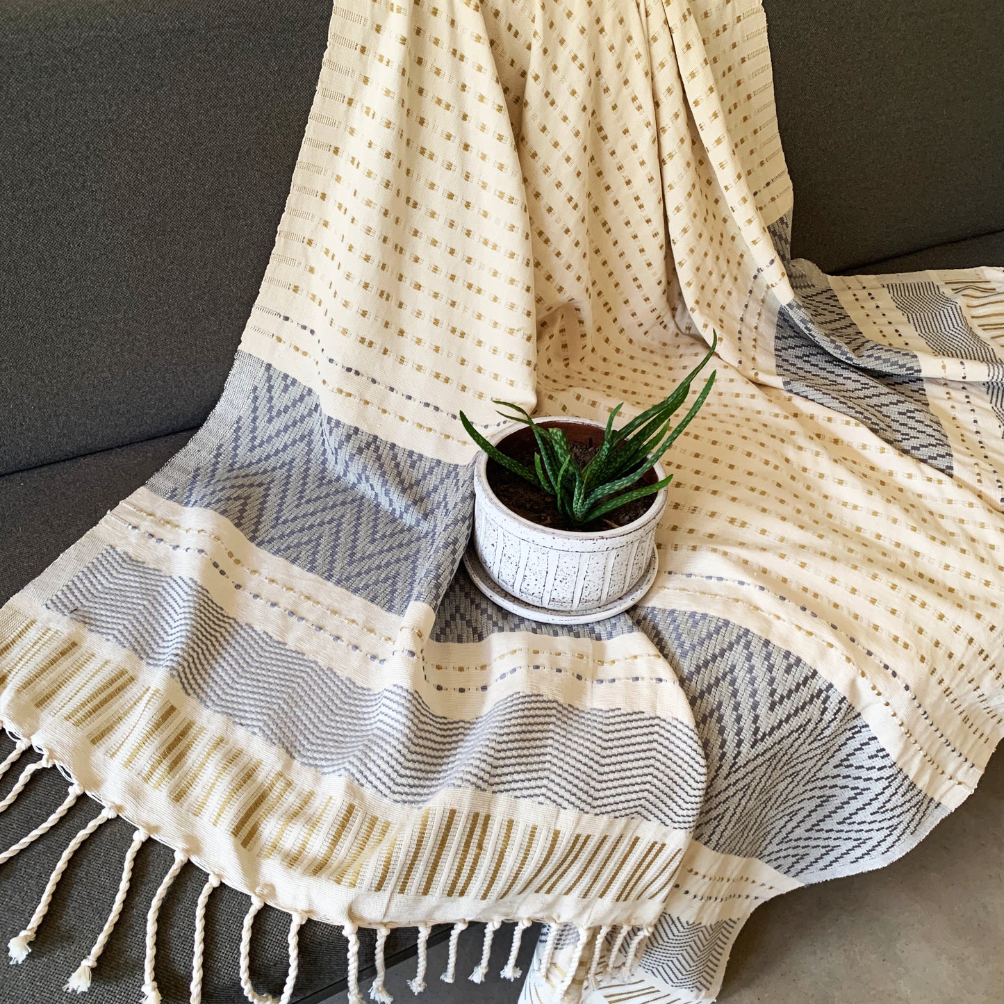 Handwoven Hunnasgiri Natural Throw - Chris Beige and Mid Grey