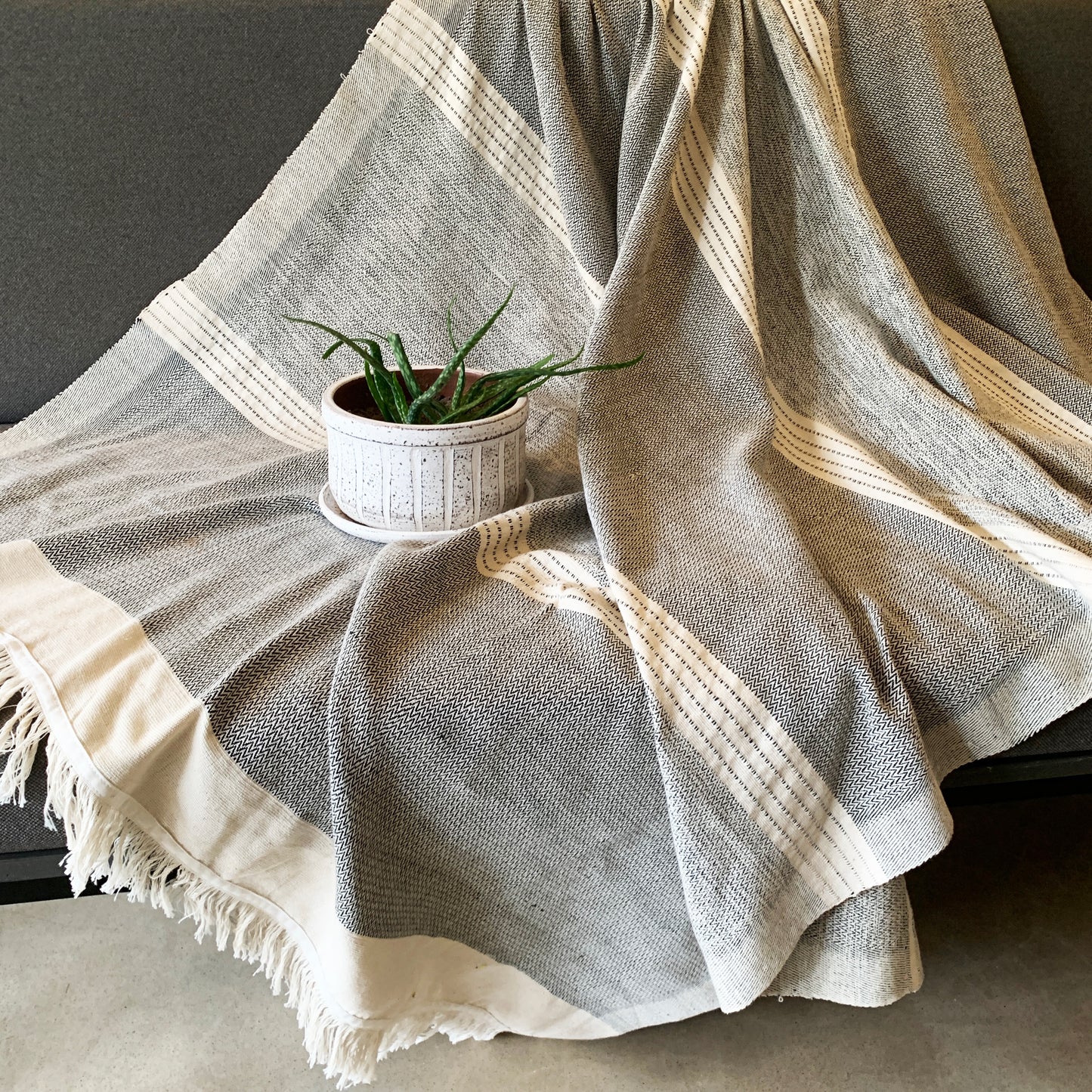 Handwoven Macadame Lightweight Throw - Raw and Black