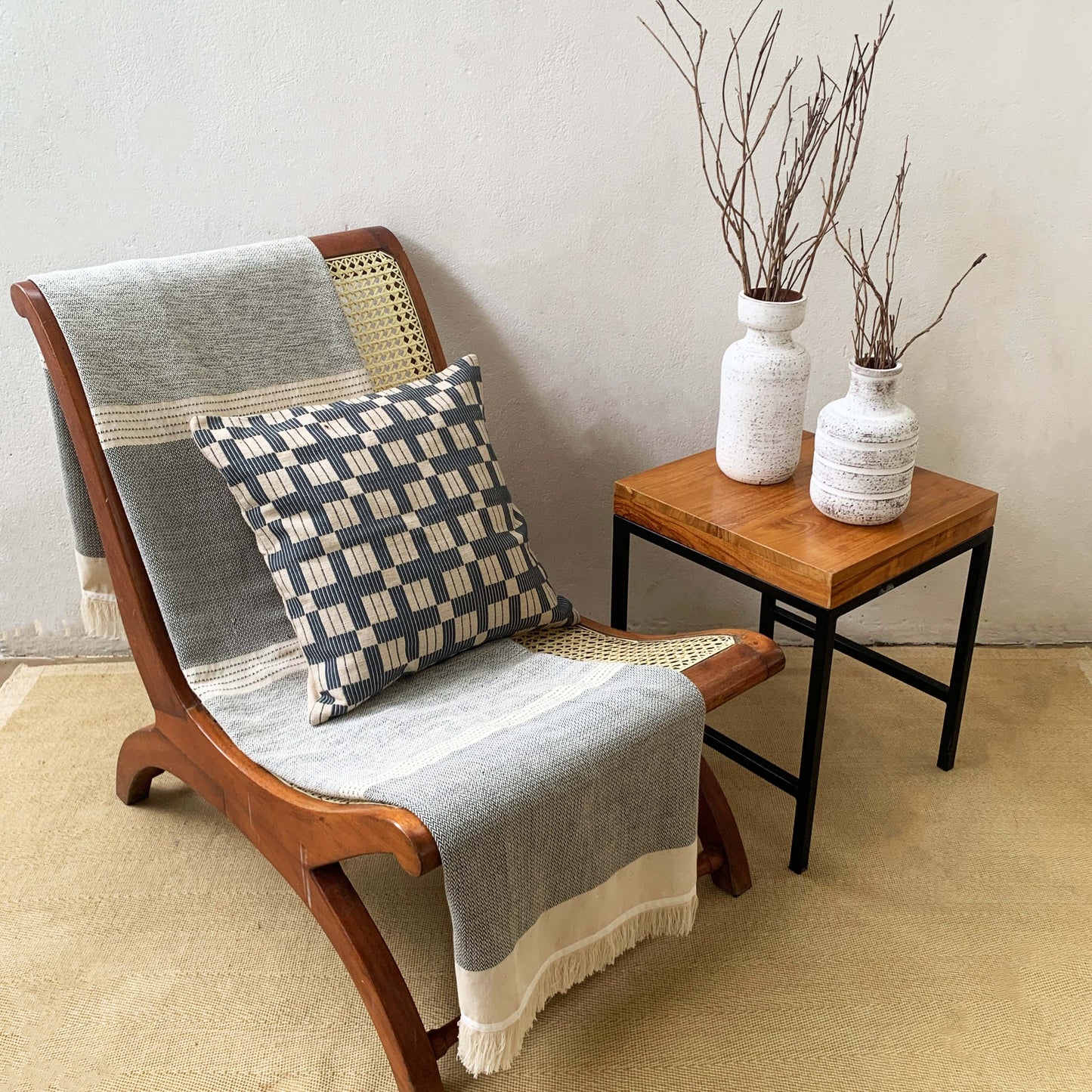 Handwoven Macadame Lightweight Throw - Raw and Black