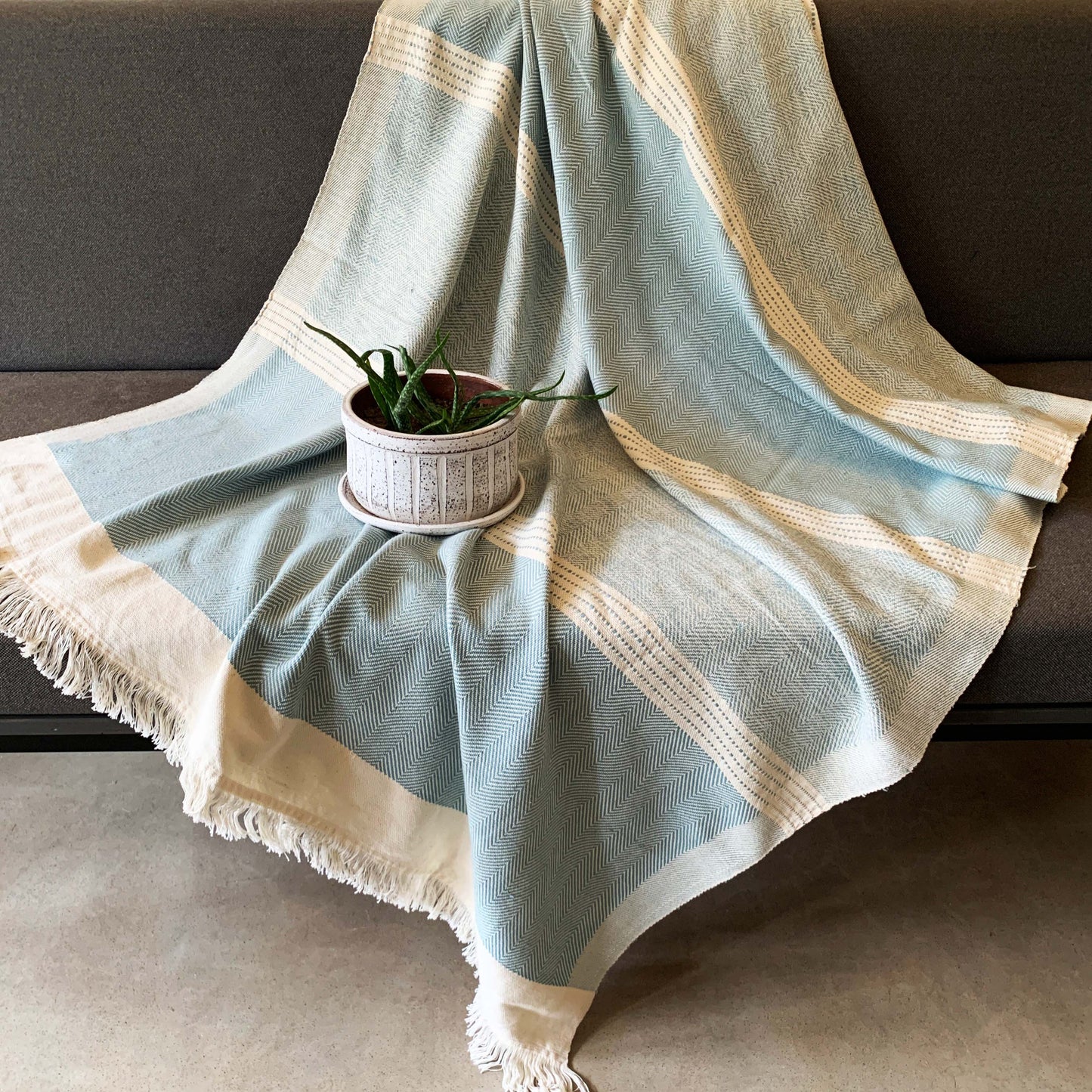 Handwoven Macadame Twill Lightweight Throw - Raw & Ice Blue