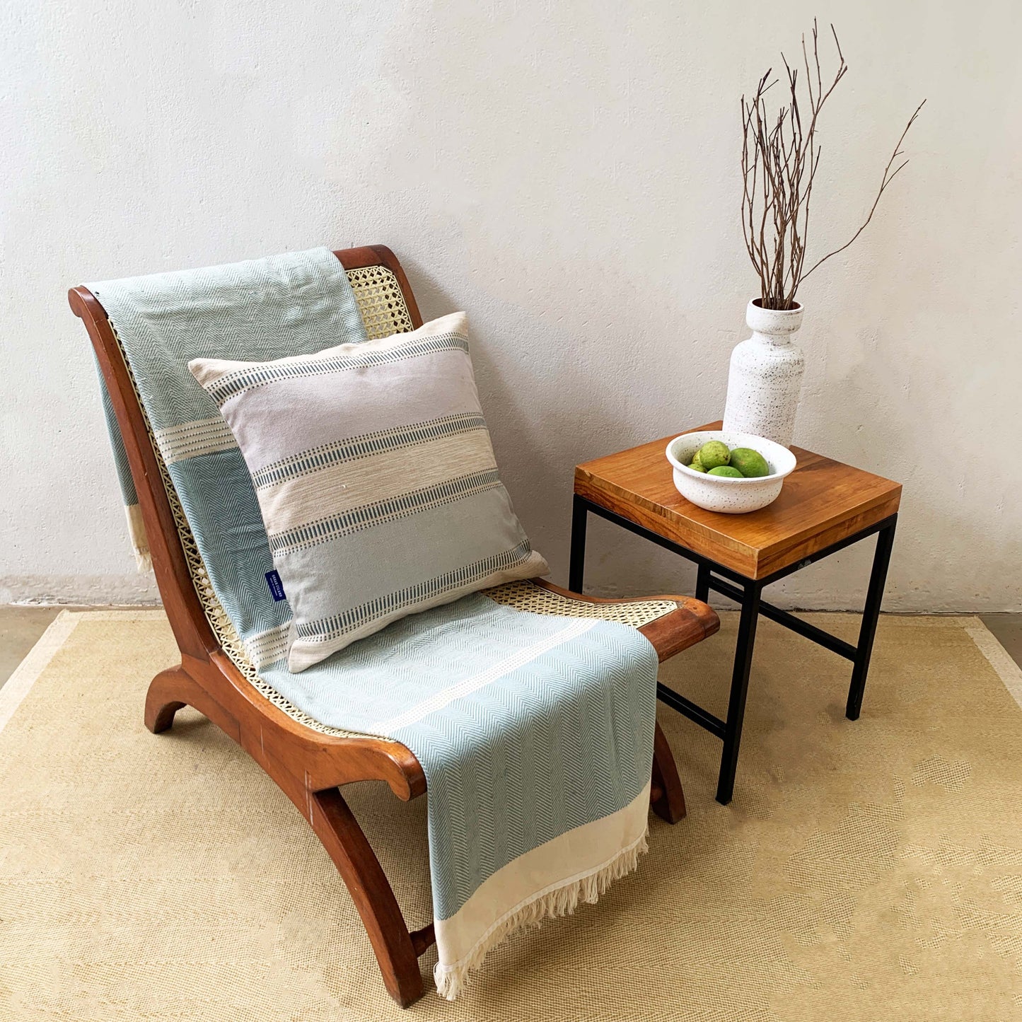 Handwoven Macadame Twill Lightweight Throw - Raw & Ice Blue