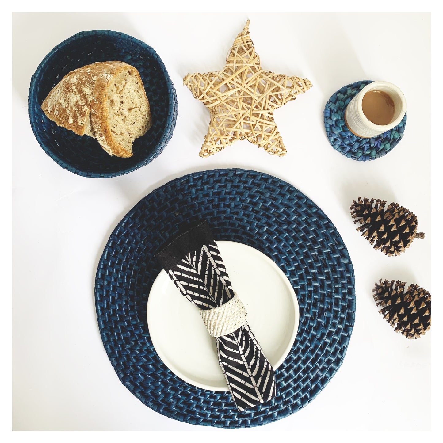 Palmyrah Tableware Combination -Handwoven - 1 each placemat X coaster X basket