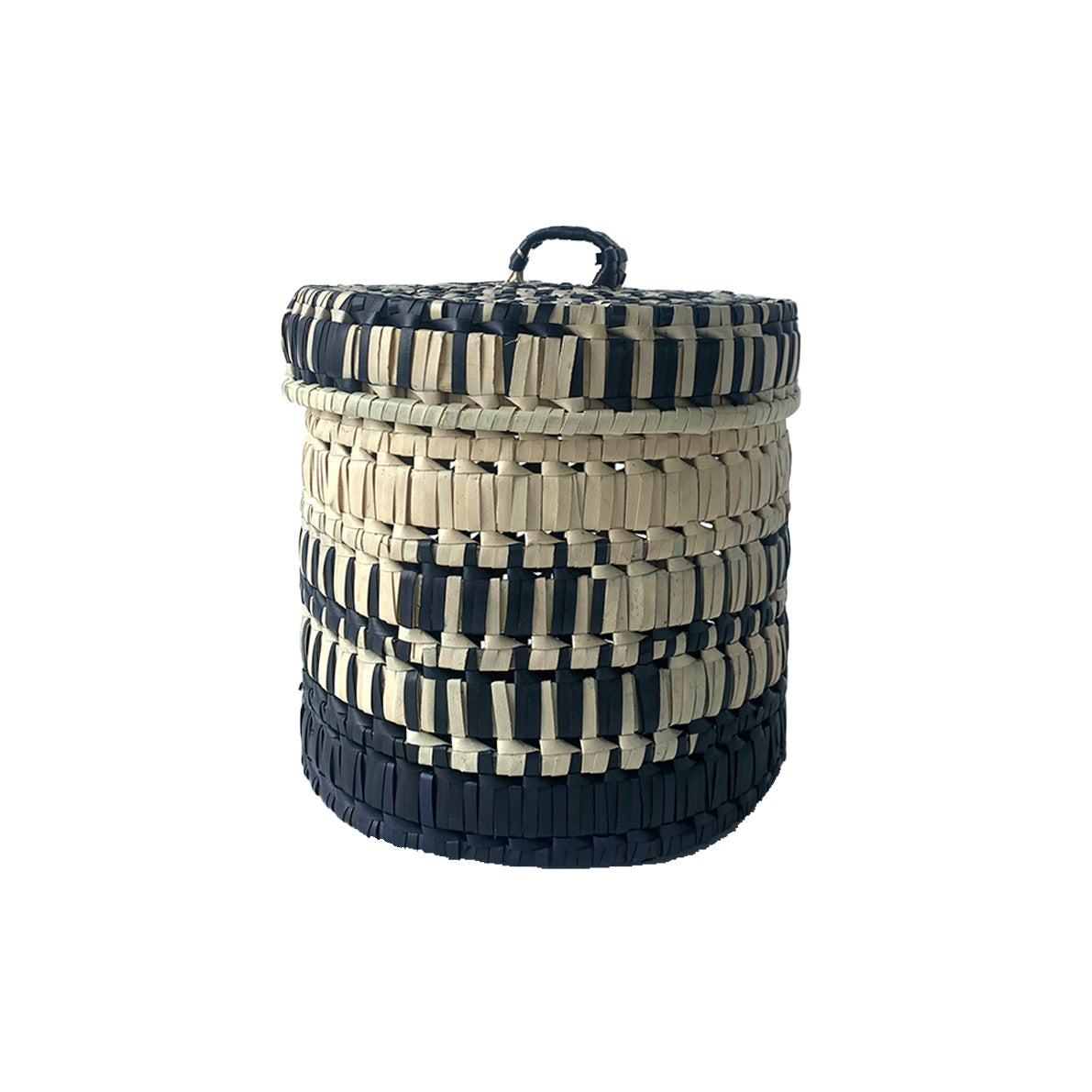 Handcrafted Palmyrah Storage Bin with Cover - Black / Natural