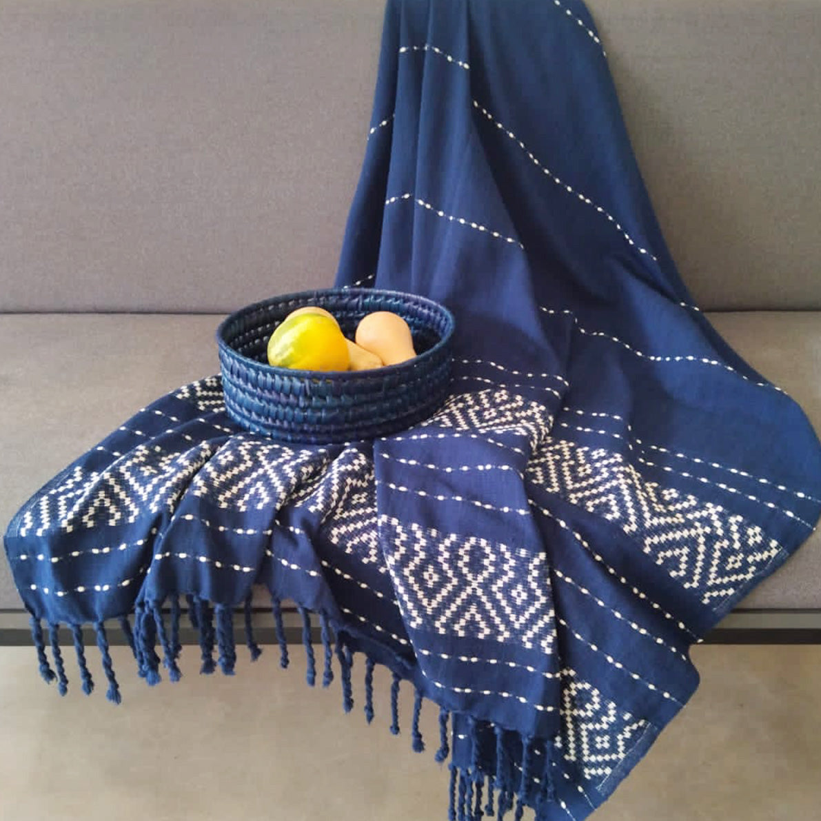 Handwoven Denim Knuckles Throw – Navy Ink with Pearl White