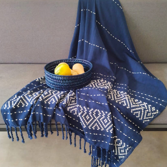 Handwoven Denim Knuckles Throw – Navy Ink with Pearl White