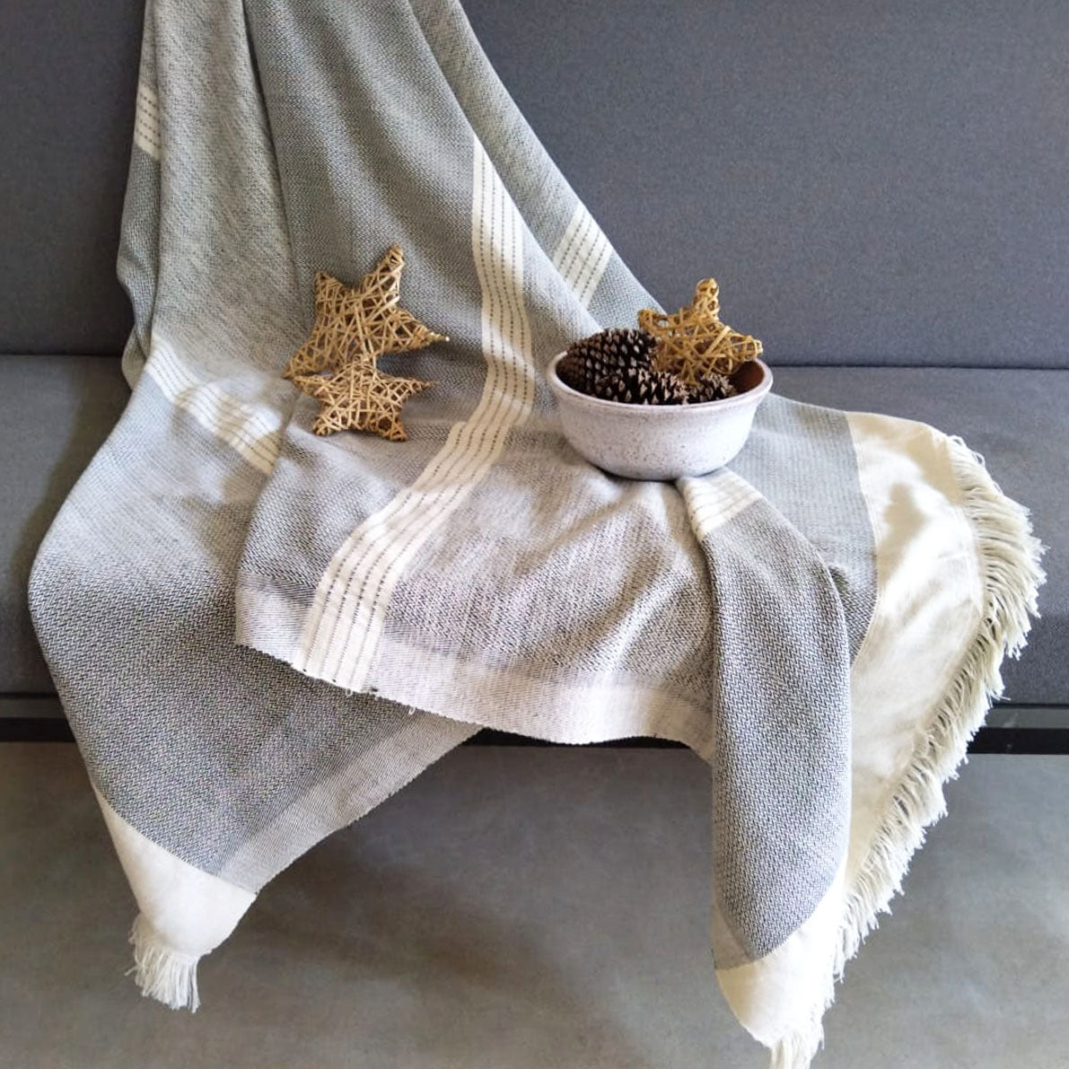 Handwoven Light Weight Throw Macadam - Raw with Black
