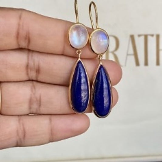 Earrings-Lapis & Rainbow Moonstone/Gold plated Sterling Silver